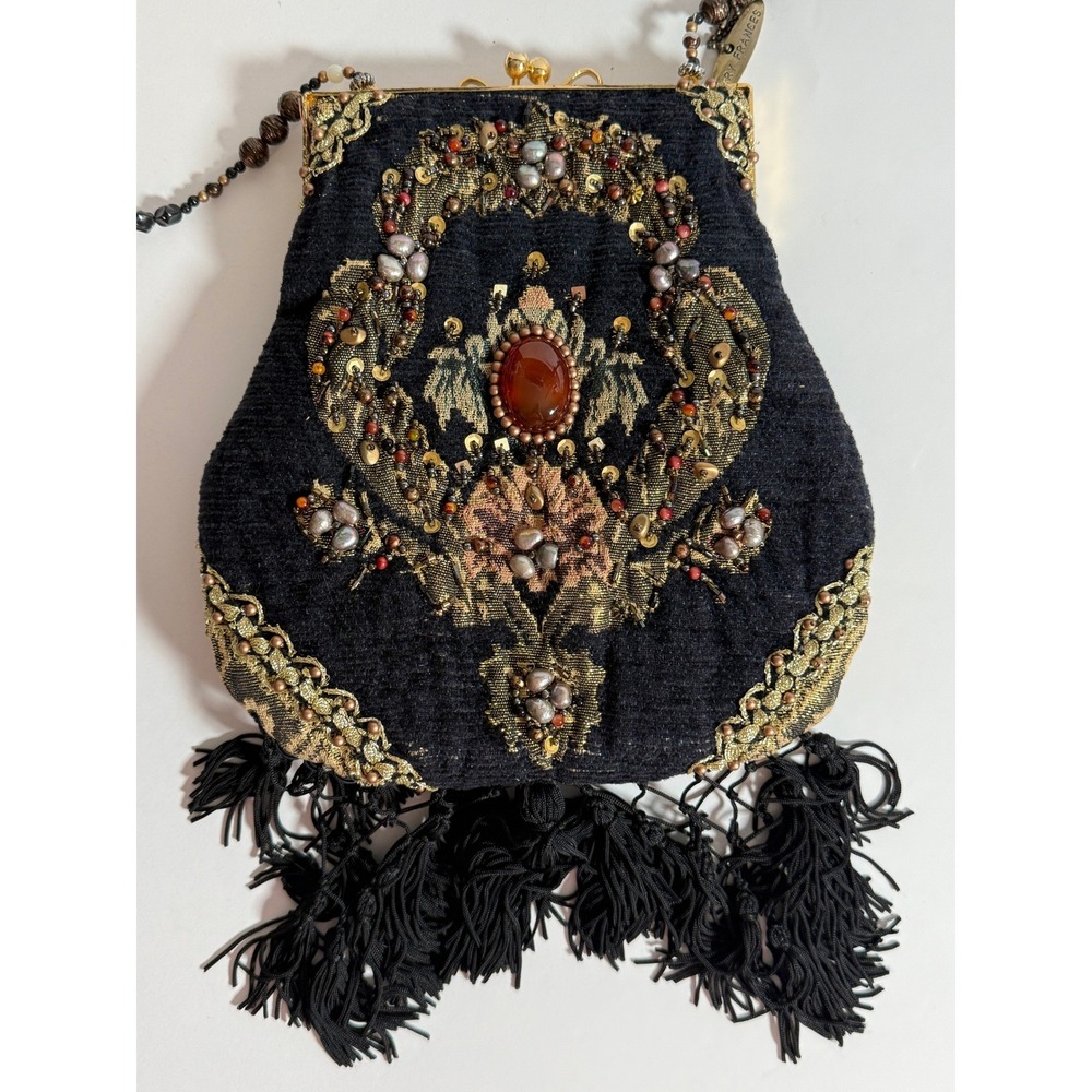 Mary Frances Vintage Beaded Tassel Evening Bag Black Pearl Embellished Kiss Lock - Picture 8 of 16